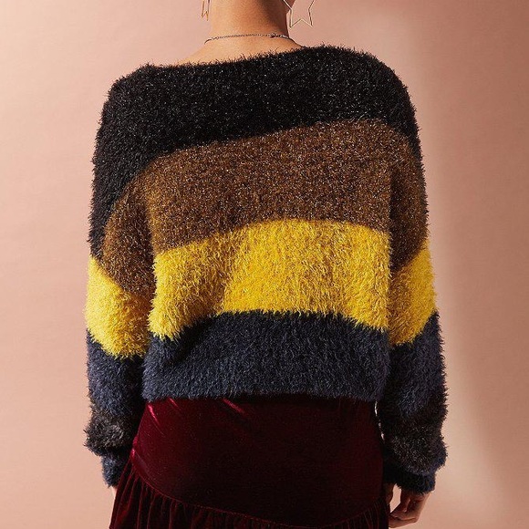 NWT UO Fuzzy Glitter Striped Sweater Navy Blue - Picture 2 of 5